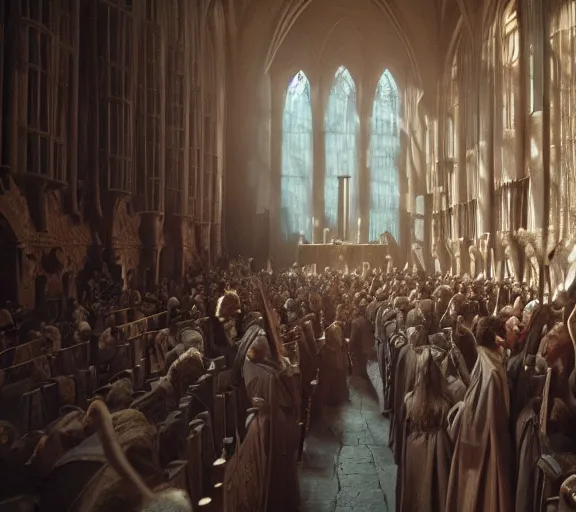 Image similar to Daenerys the Stormborn inside Hogwarts main hall, film still, best shot, 8K