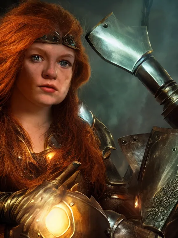 Prompt: dwarven woman, ginger hair, green eyes, holding hammer and shield with plate armour ultra realistic , lens flare, atmosphere, glow, detailed,intricate, full of colour, cinematic lighting, trending on artstation, 4k, hyperrealistic, focused, extreme details,unreal engine 5, cinematic, masterpiece