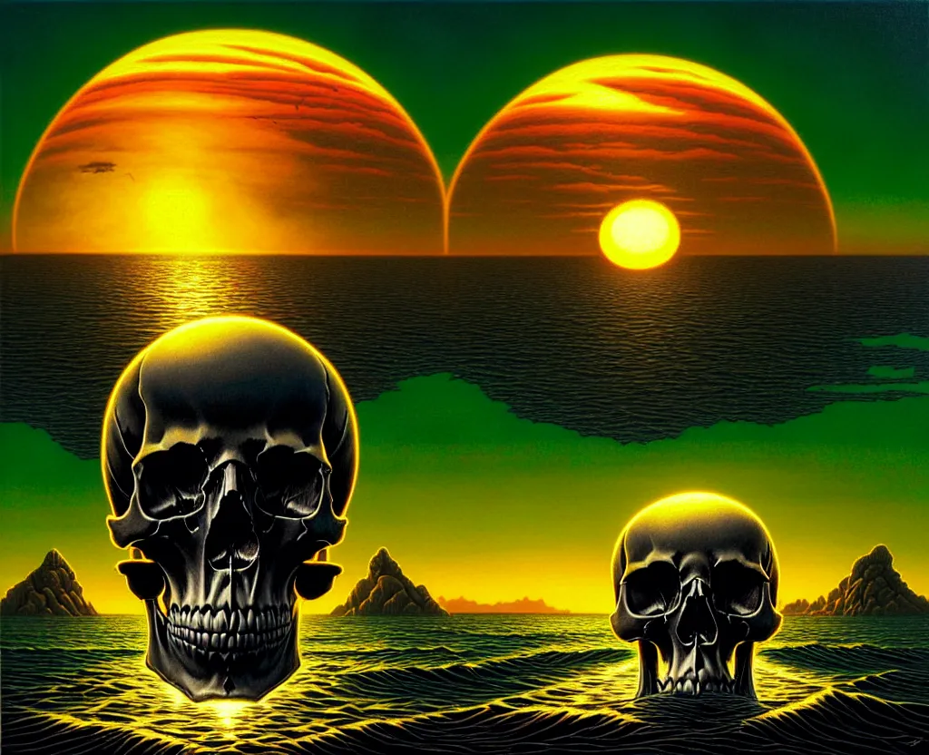 Image similar to a skull that is the sun rising just above the horizon over the sea by dan mumford and vladimir kush and donato giancola and ted withers and peter driben and brom and roberto ferri, green water, synthwave, retrowave, highly detailed, high contrast, intricate details, blended palette