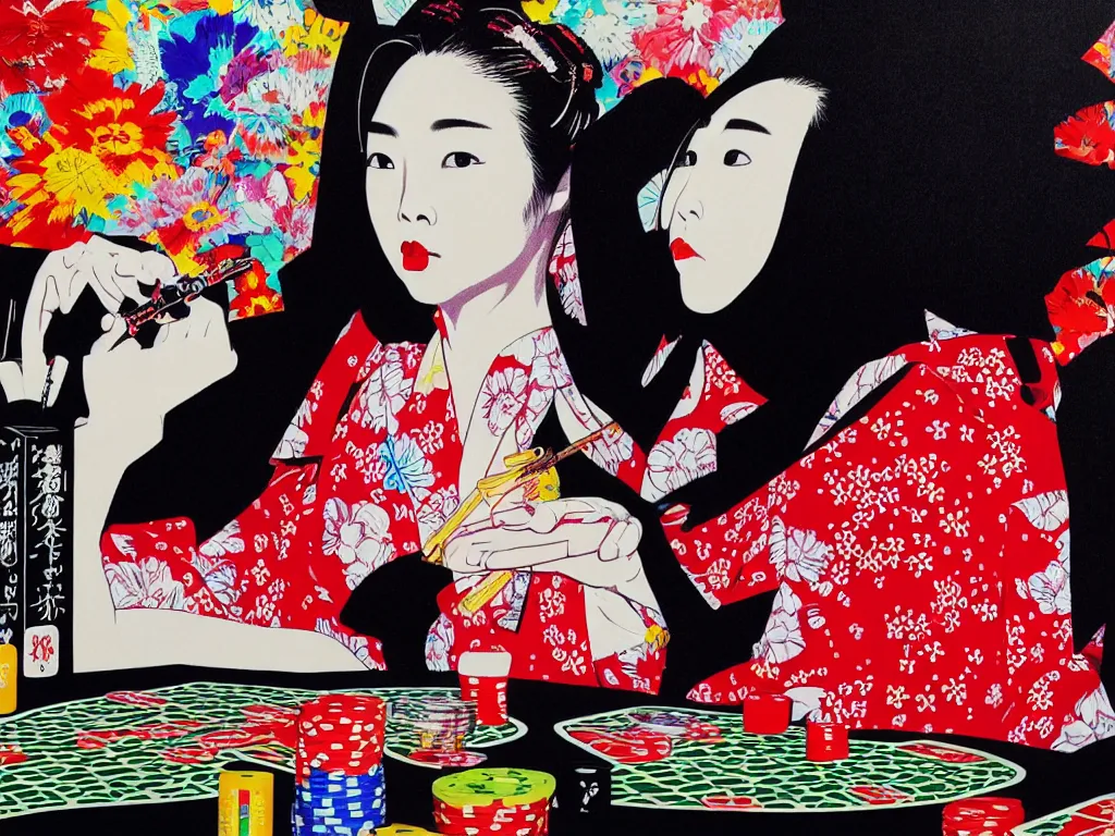 Image similar to hyperrealistic composition of the detailed woman in a japanese kimono sitting at a poker table with detailed darth vader, fireworks, mount fuji on the background, pop - art style, jacky tsai style, andy warhol style, acrylic on canvas