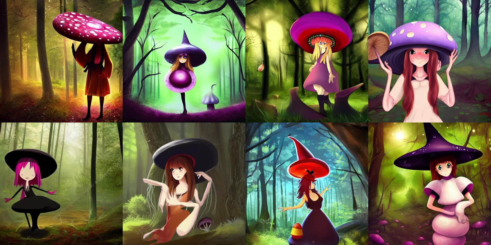 Prompt: cute witch wearing a large mushroom hat in a forest, in the style of Keith Parkinson, ambient lighting, anime, morning