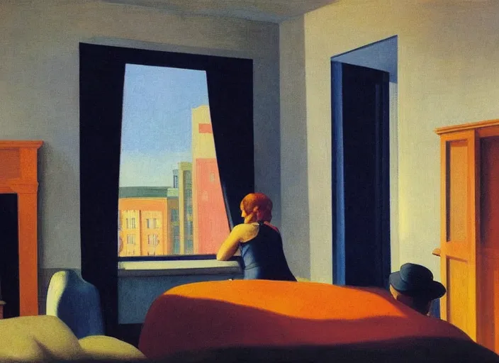 Prompt: two people in a hotel room in afternoon light, open ceiling, oil painting by edward hopper and rene magritte