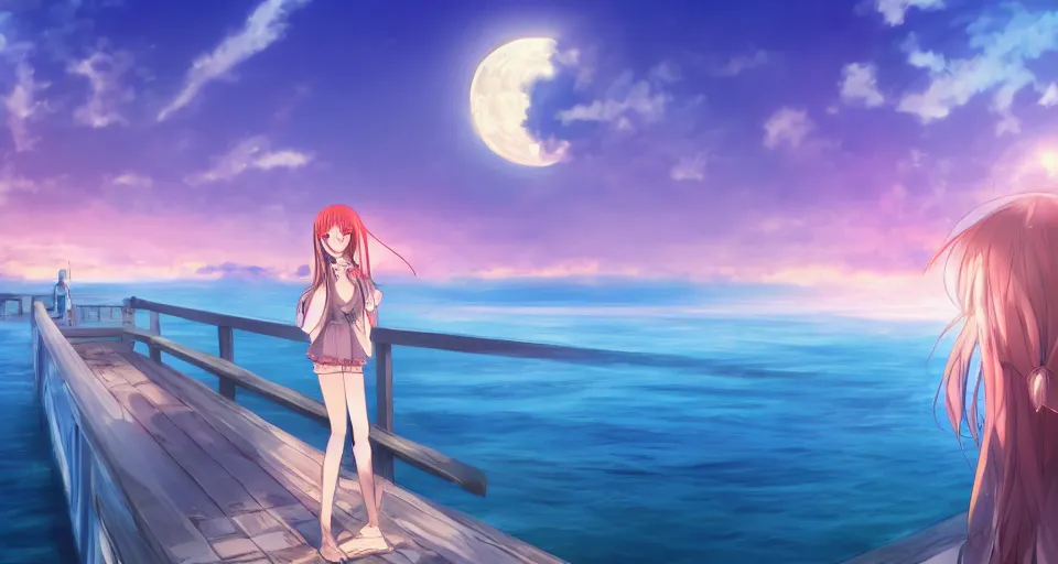 Prompt: one anime girl standing on a pier, blue shiny eyes, looking at the camera, cute, the ocean as background at twilight, big moon above the water, colorful, magical, smooth, extremely detailed, devianArt