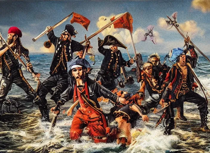 Prompt: Pirates on the open sea, dressed as punk rockers