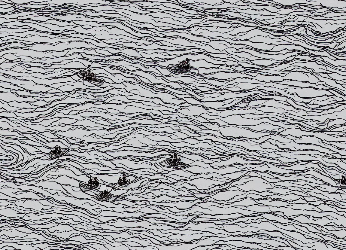 Image similar to a river rafting crew floating down a river, minimalist line drawing, clean long lines, ultra detailed