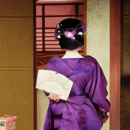 Image similar to Japanese geisha with beautiful violet paper fan, 4k photography, 30 mm lens, cinematic light, warm atmosphere, in style of Kar Wai Wong, cigarette smoke trail