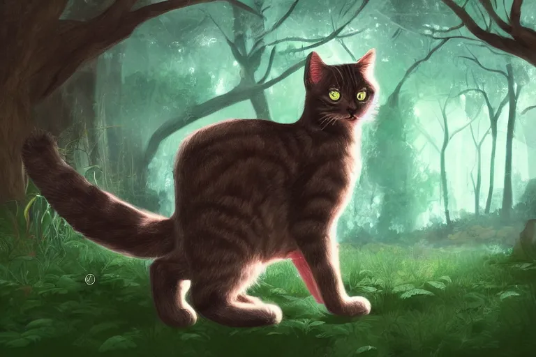 Image similar to cat in the forest, backlighting, digital art, trending on artstation, fanart, by kawacy