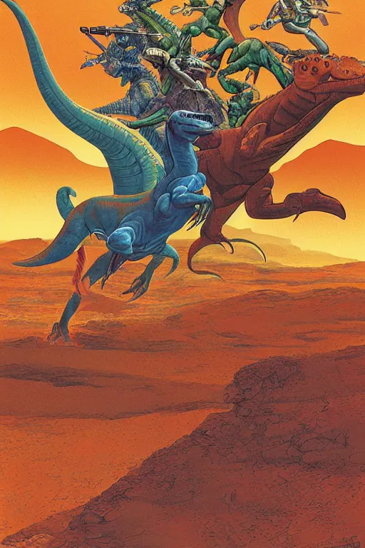 Image similar to beautiful amazons riding dinosaurs on mars against a backdrop of canyons, mercury rainbows in the sky and space fighters shooting, artwork by jean giraud