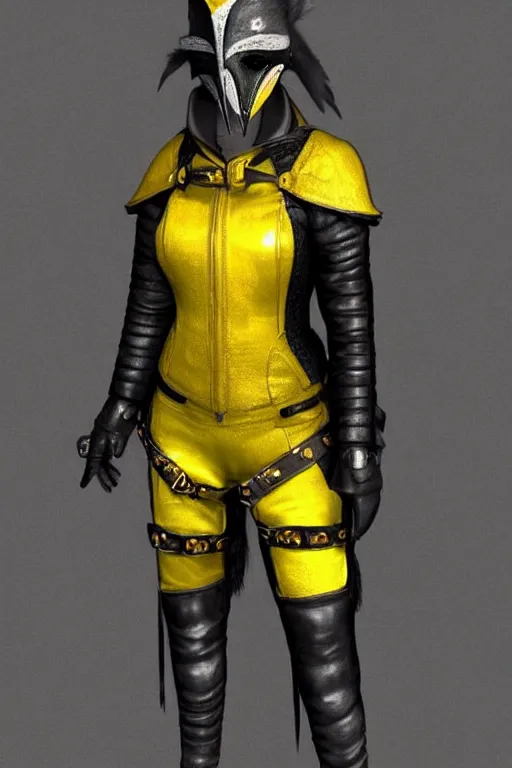 Image similar to female adventurer in tight full - body canary yellow gambeson leather armor of italian design with diamond pattern and black accents and a white porcelain crow mask, trending in artstation, establishing shot