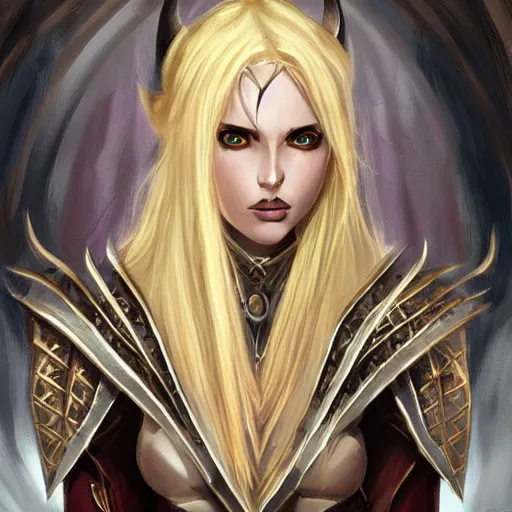 Image similar to A dark elf wizard, female, auburn and blonde two toned hair, Fantasy, D&D, intricate, elegant, highly detailed, digital painting, artstation, concept art, matte, sharp focus, illustration, in the style of Magic The Gathering