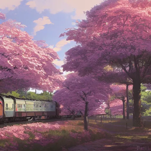 Image similar to concept art painting of a historic transverse view of a steam train, the train carries a cherry tree in flower, realistic, detailed, cel shaded, in the style of makoto shinkai and greg rutkowski and james gurney