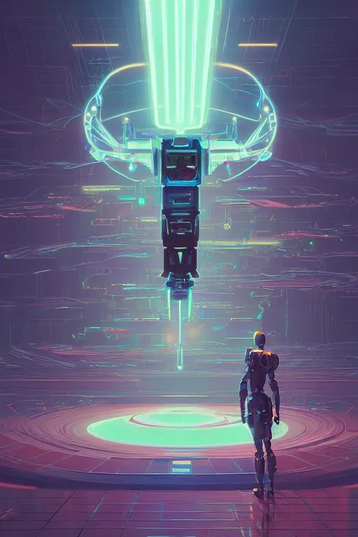 Prompt: techno magic robot surrounded by techy glowing glitch magic, intersting composition, casette futurism, d & d, sketchy lines and brushstrokes, no blur, 4 k resolution, ultra detailed, style of greg rutkowski, zac retz, kawase hasui, beeple, eddie mendoza, alphonse mucha,