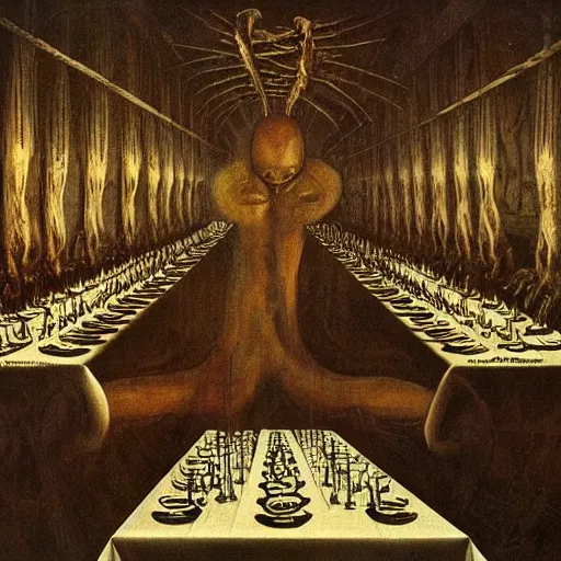 Image similar to last dinner da vinci by Rudolf Giger;