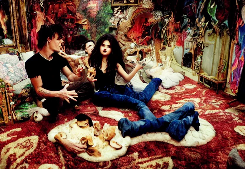 Image similar to Selena Gomez and Young Johnny Depp eating mushrooms and tripping in a shag carpet house, photograph: Annie Leibovitz