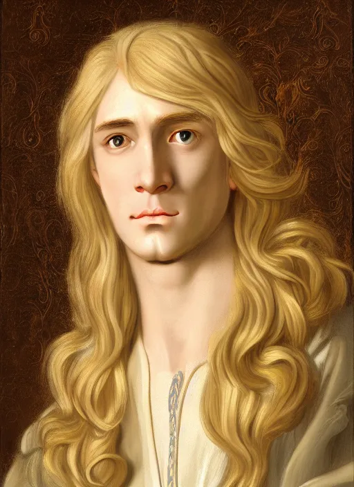 Image similar to portrait of a blond handsome man with long hair in baroque art, anime inspired, High Res 8K,hyperdetailed