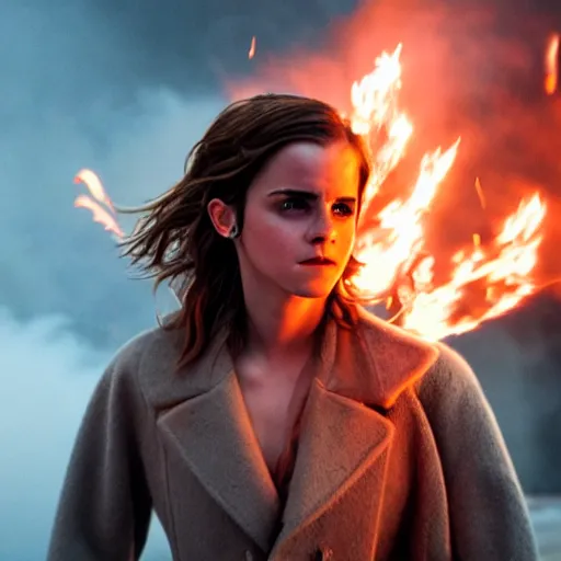 Prompt: Emma Watson on walking through fire, Action movie pyrotechnics shot, 8k UHD, studio photography, high quality, high detail, stunning lighting