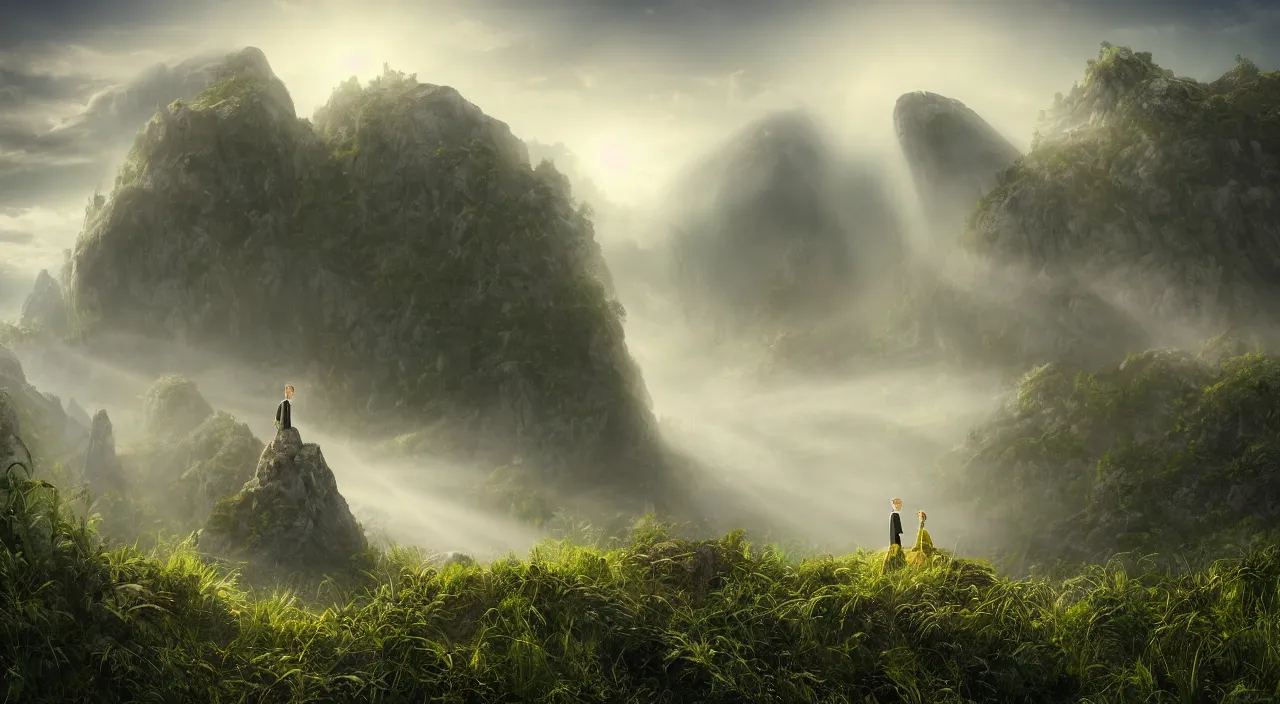 Image similar to photorealistic matte painting of mr burns of the simpsons standing far in misty overgrowth undergrowth jagged rock features volumetric fog light rays high contrast dawn