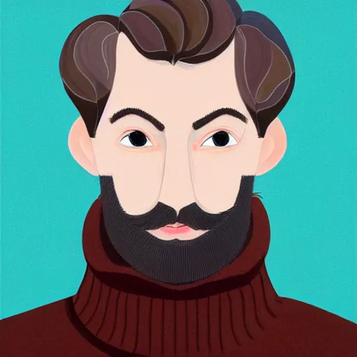 Image similar to gangly 30 year old dark blond man with dark blond hair long on top medium down the sides, blond beard, small chin, rectangular face, thin lips, English heritage, small blue eyes, middle aged, wearing a turtleneck and jacket, pale skin, narrow face, digital art, painterly, cartoon, cute, 8k, illustration, art by loish, painterly, trending on artstation, medium shot, uncropped