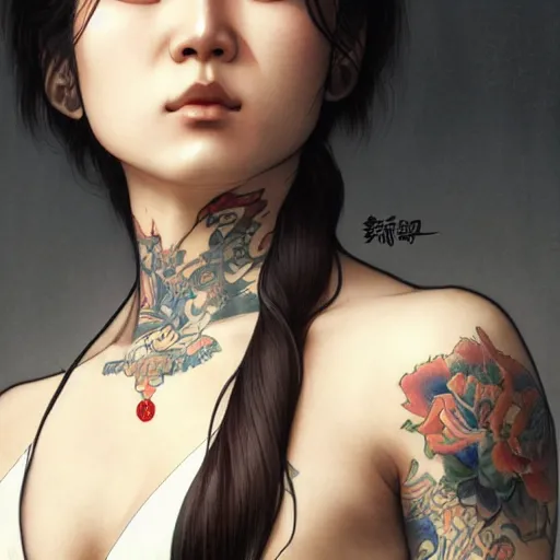 Image similar to masterpiece of a angry yakuza girl with tattoo, intricate, elegant, highly detailed, digital painting, artstation, concept art, smooth, sharp focus, illustration, art by artgerm and greg rutkowski and alphonse mucha and william - adolphe bouguereau