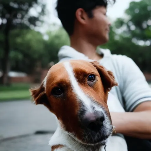 Image similar to [ selfie ]!!! of a man [ caressing a dog ]!!, trending on unsplash, 4 k photorealism, intricately detailed