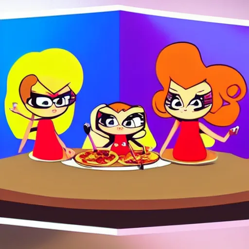 Image similar to powerpuff girls eating pizza, highly detailed, epic lighting, hyper photorealism, 8 k