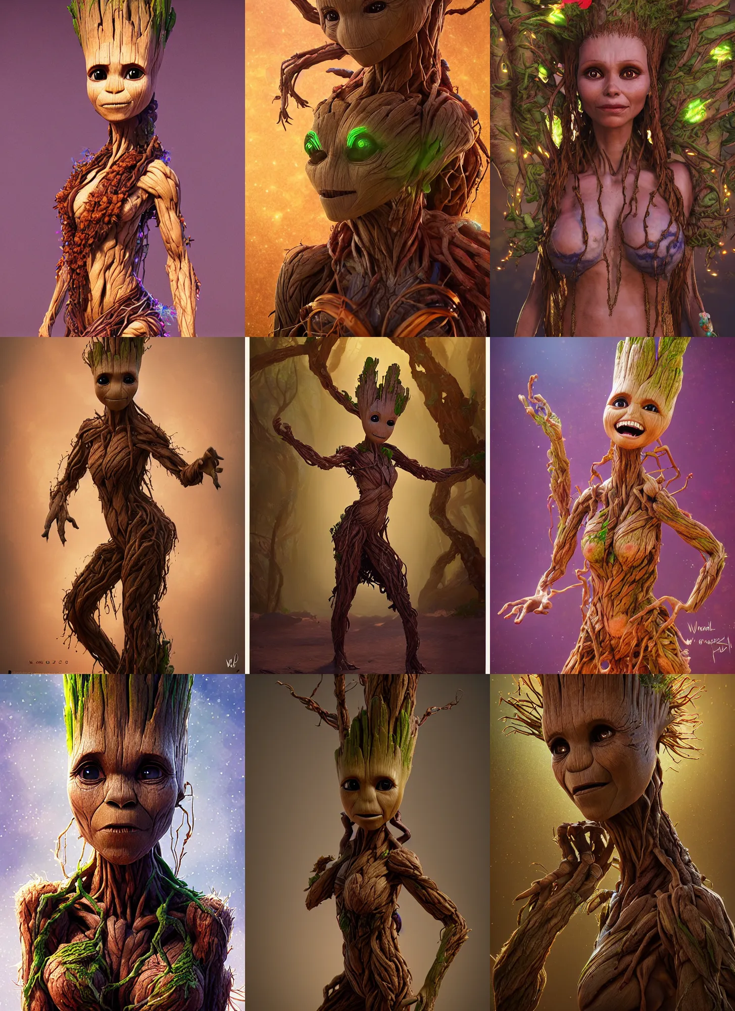 Prompt: portrait of groot as a belly dancer, au naturel, hyper detailed, digital art, trending in artstation, cinematic lighting, studio quality, smooth render, unreal engine 5 rendered, octane rendered, art style by klimt and nixeu and ian sprigger and wlop and krenz cushart.