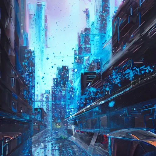 Image similar to urban city getting magically shredded into blue particles, concept art, trending on artstation, painting