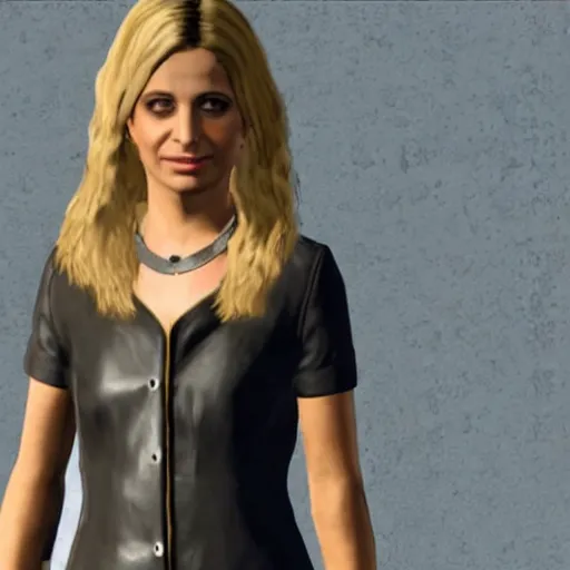 Image similar to Sarah Michelle Gellar wearing a black leather jacket and a silver cross around her neck in GTA 5