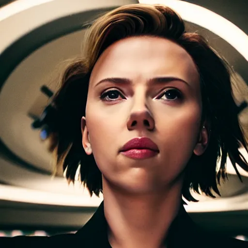 Prompt: a photographic still of scarlett johansson looking into the distance, beautiful light failling on her face, futuristic a - line bob with bangs hairstyle black hairs, medium shot, ghost in the shell, by annie leibowitz