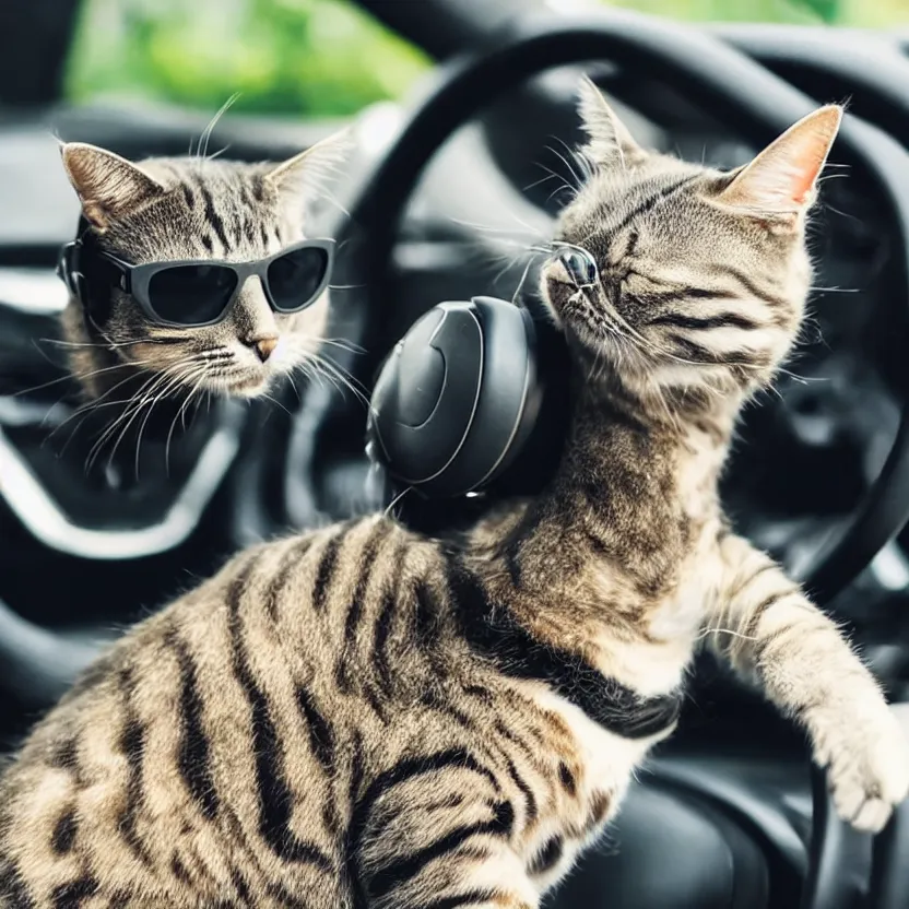 Prompt: a cat wearing sunglasses driving a car using a steering wheel