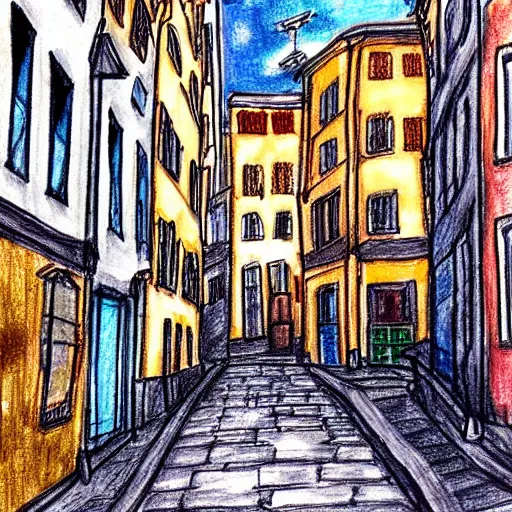 Image similar to a street in gamla stan stockholm, studio ghibli inspired drawing