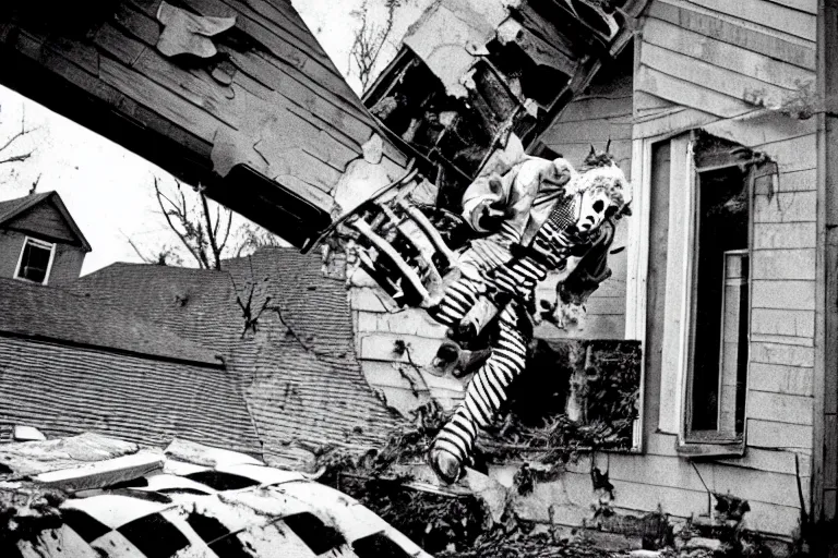 Image similar to A terrible clown chainsaw falls from the roof of a wooden house, 1960, black and white photography