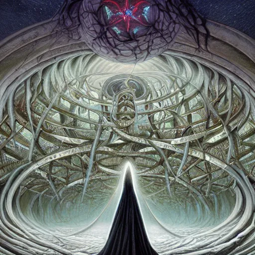 Image similar to a quantum computer, a dark cabal of multiple hooded elven mystics in long robes gathered in a circular formation around a quantum computer, processing the spirits of the dead, dan seagrave, michael whelan art, beautifully detailed