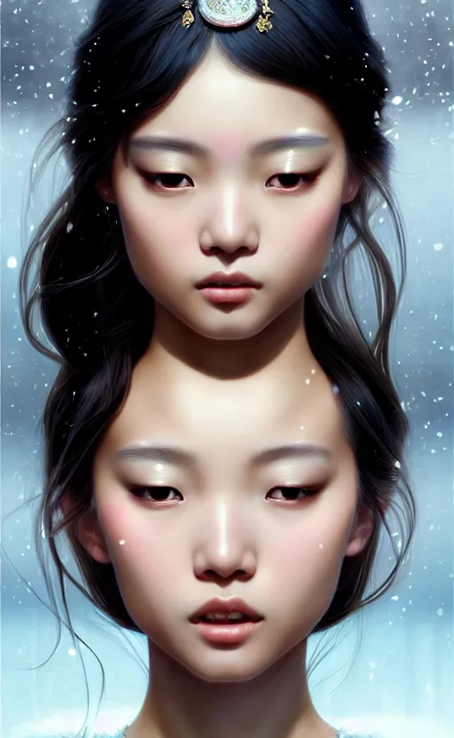 Image similar to a beautiful young charming asian goddess with sundress + jewelry + shinny eyes | | winter, symmetric, realistic shaded, unpleasant face, good looking, fine details, dior, lv, realistic shaded lighting poster by greg rutkowski, macoto takahashi, magali villeneuve, artgerm, jeremy lipkin and michael garmash