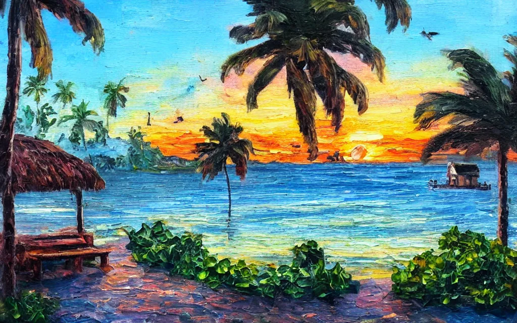 Prompt: a tiny island surrounded by water with a cozy cottage, with a paved garden courtyard with benches, palm trees, river, sunset, puffy clouds, dramatic and dynamic lighting, thick brush strokes oil impasto painting