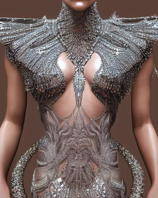 Prompt: a highly detailed metahuman 8 k close up render of bella hadid renaissance in iris van herpen dress in diamonds crystals swarovski and jewelry iridescent in style of gustav klimt on artstation made in unreal engine 4