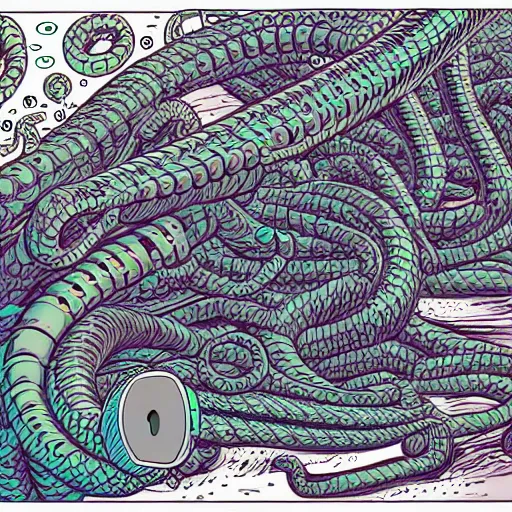 Prompt: detailed, intricate, colour, comic style illustration of a robotic hydra with jack cable tentacles, inside a huge cave made of pro audio equipment