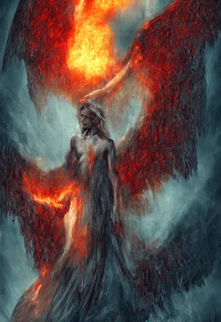 Image similar to a portrait of a gigantic angel as a demon in a fiery hell, eerie, dark, magical, fantasy,, digital art.