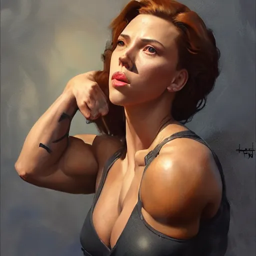 Image similar to greg manchess portrait of scarlett johansson as roided thick female bodybuilder lara croft, fantasy, medium shot, asymmetrical, profile picture, organic painting, sunny day, matte painting, bold shapes, hard edges, street art, trending on artstation, by huang guangjian and gil elvgren and sachin teng