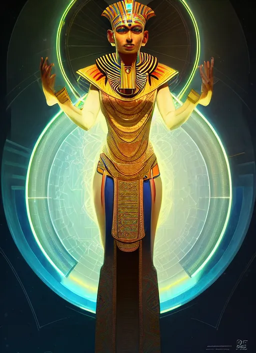 Prompt: symmetry!! portrait of ancient pharaoh wearing traditional attire, sci - fi, tech wear, glowing lights!! intricate, elegant, highly detailed, digital painting, artstation, concept art, smooth, sharp focus, illustration, art by artgerm and greg rutkowski and alphonse mucha