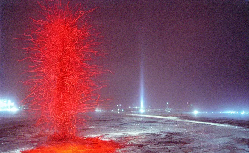 Prompt: end of the world, red spark, night, 2003 photo