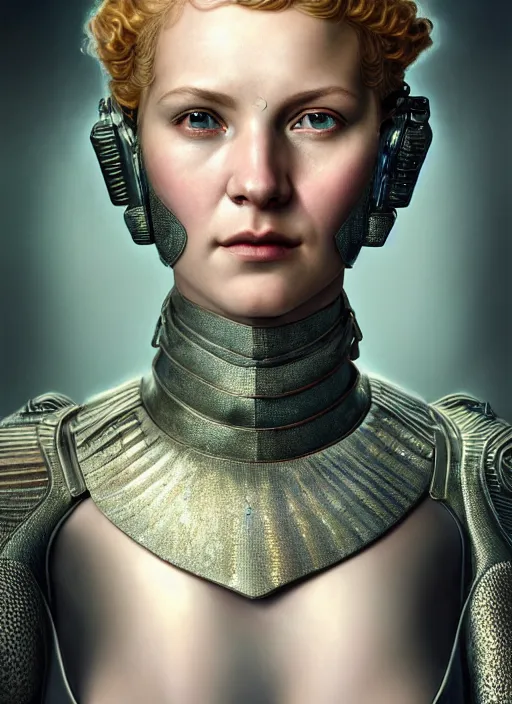 Image similar to hyperrealistic mixed media portrait of a beautiful armored warrior woman, stunning 3d render inspired art by Coles Phillips + perfect facial symmetry + dim volumetric lighting, 8k octane beautifully detailed render, post-processing, extremely hyperdetailed, intricate, epic composition, grim yet sparkling atmosphere, cinematic lighting + masterpiece, trending on artstation, Art Nouveau