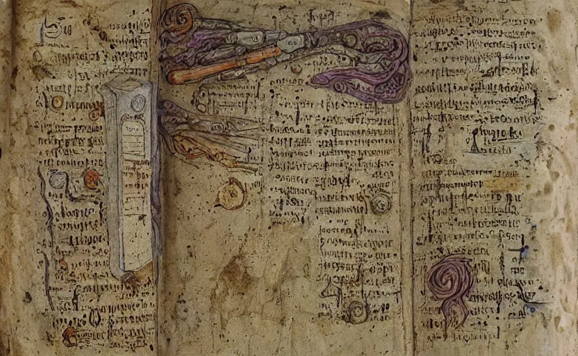 Prompt: ancient manuscript page detailing the creation of a magical potion, weathered yellowing paper, scribbles in margins, fantasy digital painting, stunning, intricate details