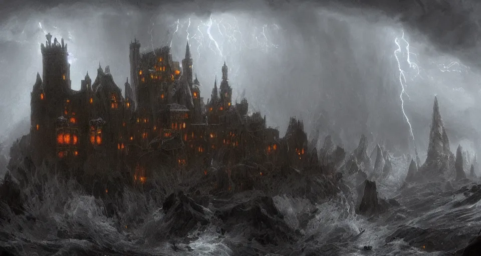 Prompt: lovecraftian eldritch!! castle!! wrapped in clouds on a black desert, snowy, windy, by eugene von guerard, ivan shishkin, night, lightning!!, storm!, dramatic lighting, concept art, trending on artstation, 8 k