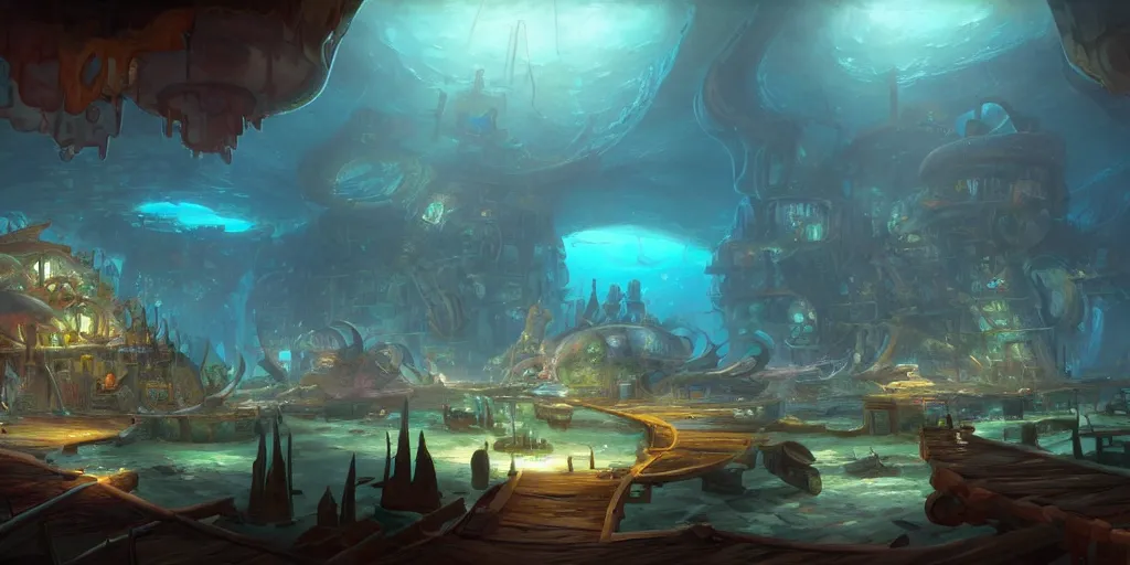 Prompt: a concept art of an underwater civilization by tyler edlin, trending on artstation, highly detailed, atmospheric, directional lighting, cinematic