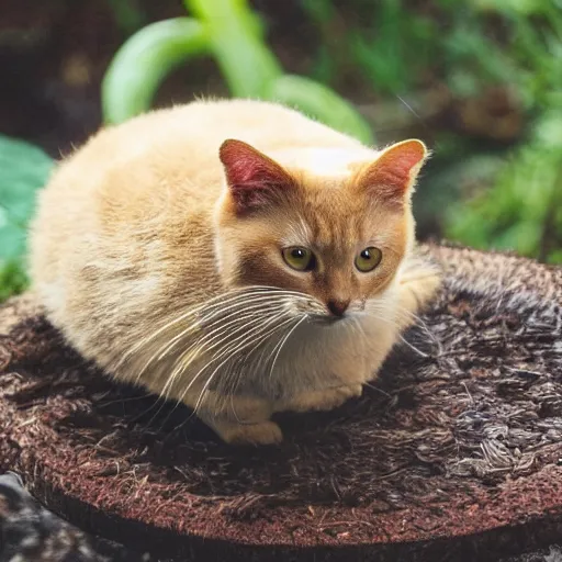 Image similar to a small domestic housecat with a golden mushroom growing atop its head