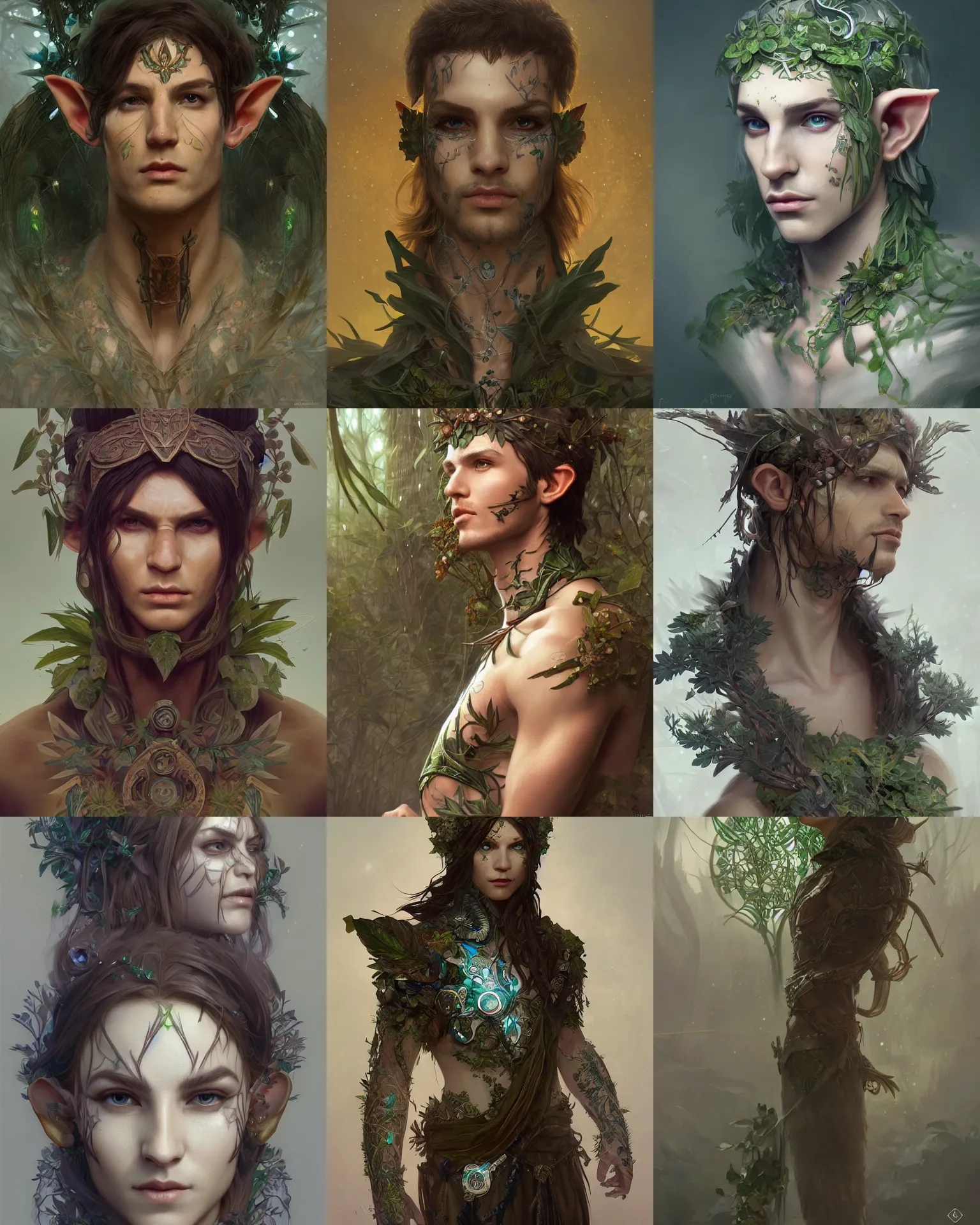 Prompt: male elf druid, plants parts embedded into face, intricate, elegant, highly detailed, digital painting, trending on artstation, concept art, smooth, sharp focus, cyberpunk, illustration, art by artgerm and greg rutkowski and alphonse mucha, 8 k