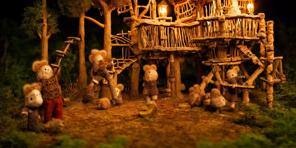 Image similar to intricate treehouse village, fuzzy warrior bears in handmade clothes, bones of the enemy in background, warm torchlight glow, wooden pathways with handrails,