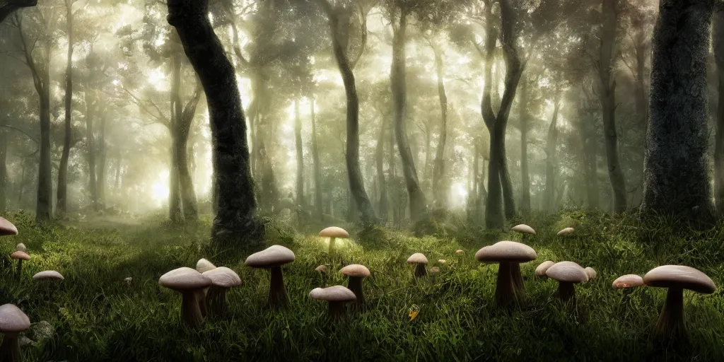 Prompt: forrest full of mushrooms, superwide angle, light through the mist, dramatic lighting, photorealistic, cinematic lighting, high detail, cinematic feel, high octane, 4 k, unreal engine, digital render, intricate, ultra realistic, concept art
