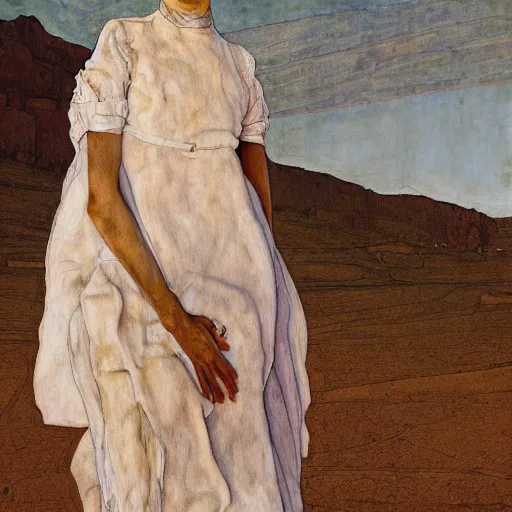 Image similar to a girl with white dress inside the desert by egon schiele and michael angelo, baroque, matte painting, concept art,highly detailed,sharp lines, hdri, 4k -